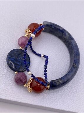 Natural Blue Sodalite Half Bangle Statement Stretch Bracelet